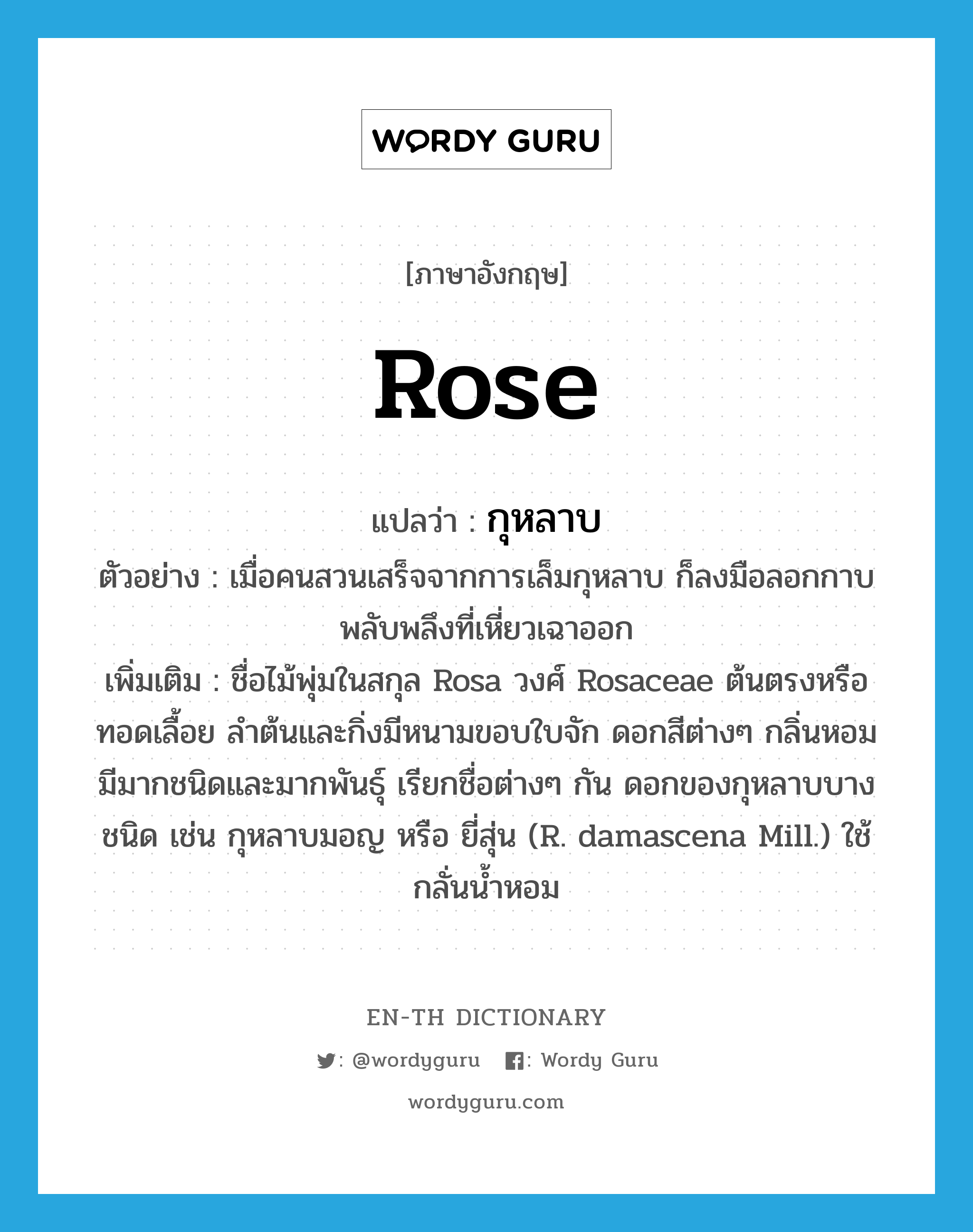 rose แปลว่า?, คำศัพท์ภาษาอังกฤษ rose แปลว่า กุหลาบ ประเภท N ตัวอย่าง เมื่อคนสวนเสร็จจากการเล็มกุหลาบ ก็ลงมือลอกกาบพลับพลึงที่เหี่ยวเฉาออก เพิ่มเติม ชื่อไม้พุ่มในสกุล Rosa วงศ์ Rosaceae ต้นตรงหรือทอดเลื้อย ลำต้นและกิ่งมีหนามขอบใบจัก ดอกสีต่างๆ กลิ่นหอม มีมากชนิดและมากพันธุ์ เรียกชื่อต่างๆ กัน ดอกของกุหลาบบางชนิด เช่น กุหลาบมอญ หรือ ยี่สุ่น (R. damascena Mill.) ใช้กลั่นน้ำหอม หมวด N