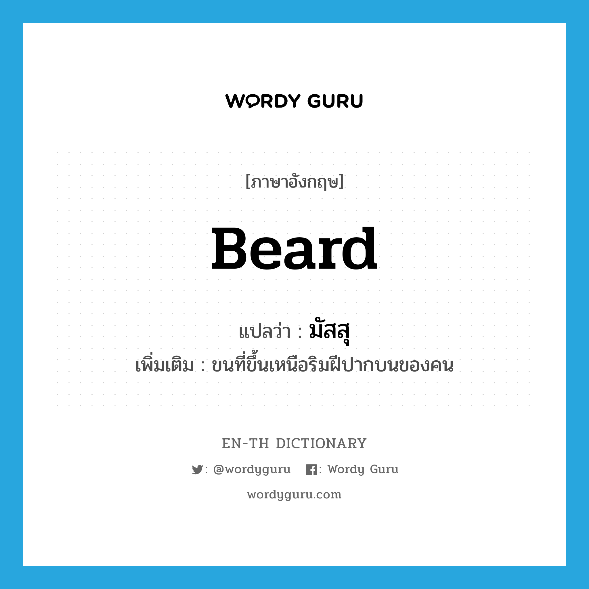 beard แปลว่า?, คำศัพท์ภาษาอังกฤษ beard แปลว่า มัสสุ ประเภท N เพิ่มเติม ขนที่ขึ้นเหนือริมฝีปากบนของคน หมวด N