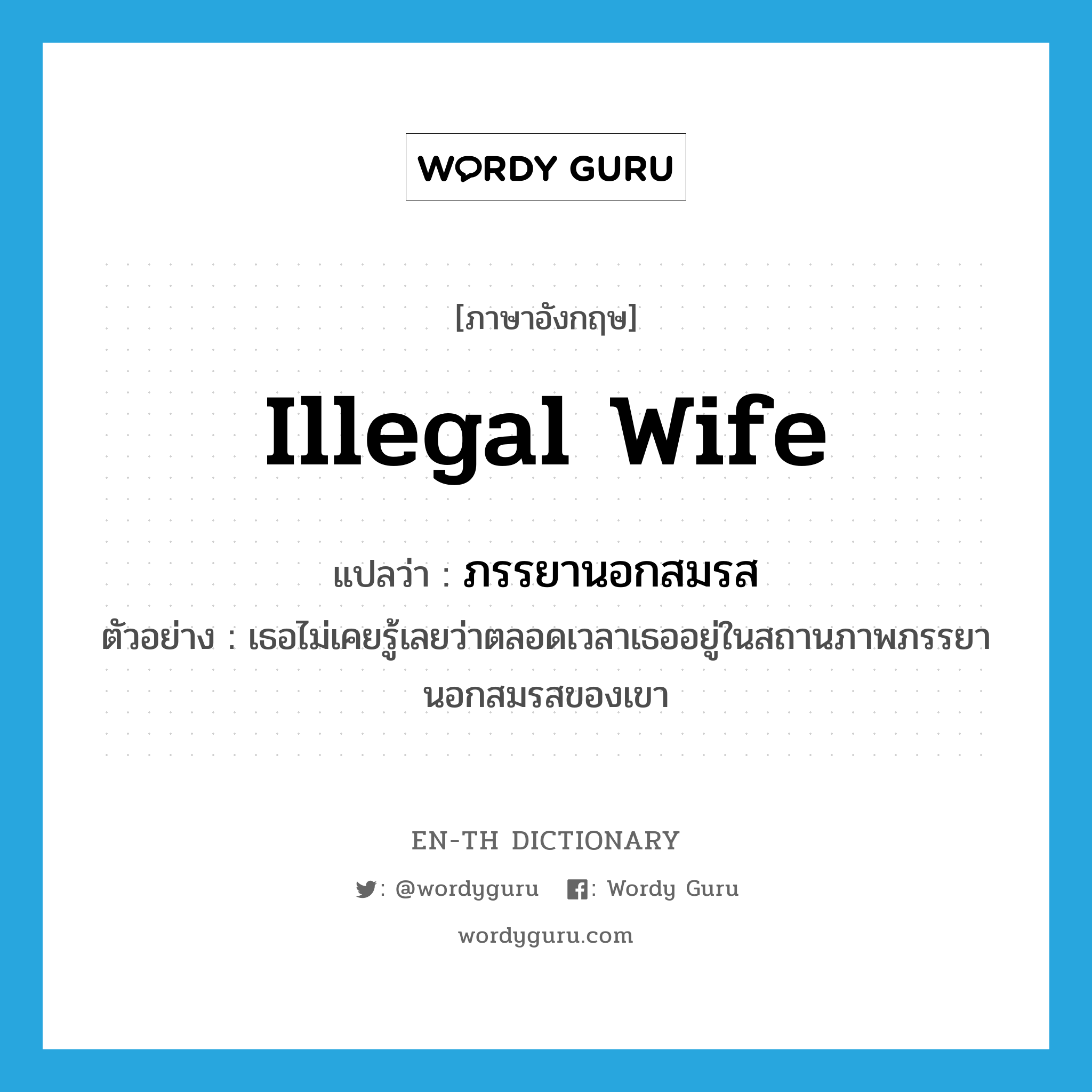 illegal wife แปลว่า?, คำศัพท์ภาษาอังกฤษ illegal wife แปลว่า ภรรยานอกสมรส ประเภท N ตัวอย่าง เธอไม่เคยรู้เลยว่าตลอดเวลาเธออยู่ในสถานภาพภรรยานอกสมรสของเขา หมวด N