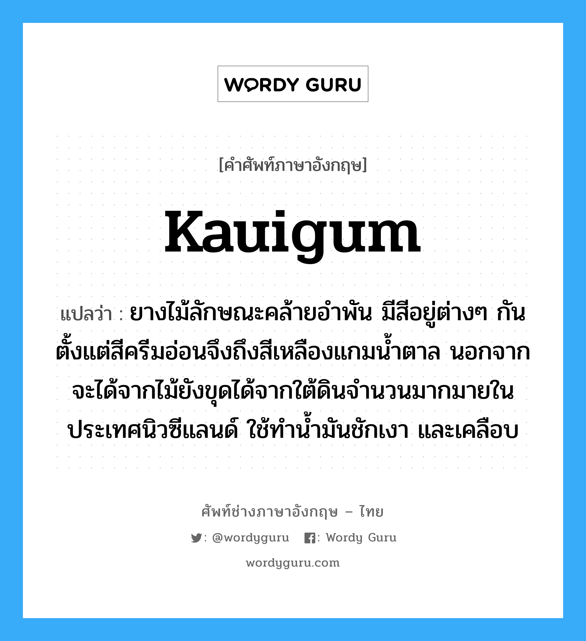 kauigum แปลว่า?, คำศัพท์ช่างภาษาอังกฤษ - ไทย kauigum คำศัพท์ภาษาอังกฤษ kauigum แปลว่า ยางไม้ลักษณะคล้ายอำพัน มีสีอยู่ต่างๆ กันตั้งแต่สีครีมอ่อนจึงถึงสีเหลืองแกมน้ำตาล นอกจากจะได้จากไม้ยังขุดได้จากใต้ดินจำนวนมากมายในประเทศนิวซีแลนด์ ใช้ทำน้ำมันชักเงา และเคลือบ