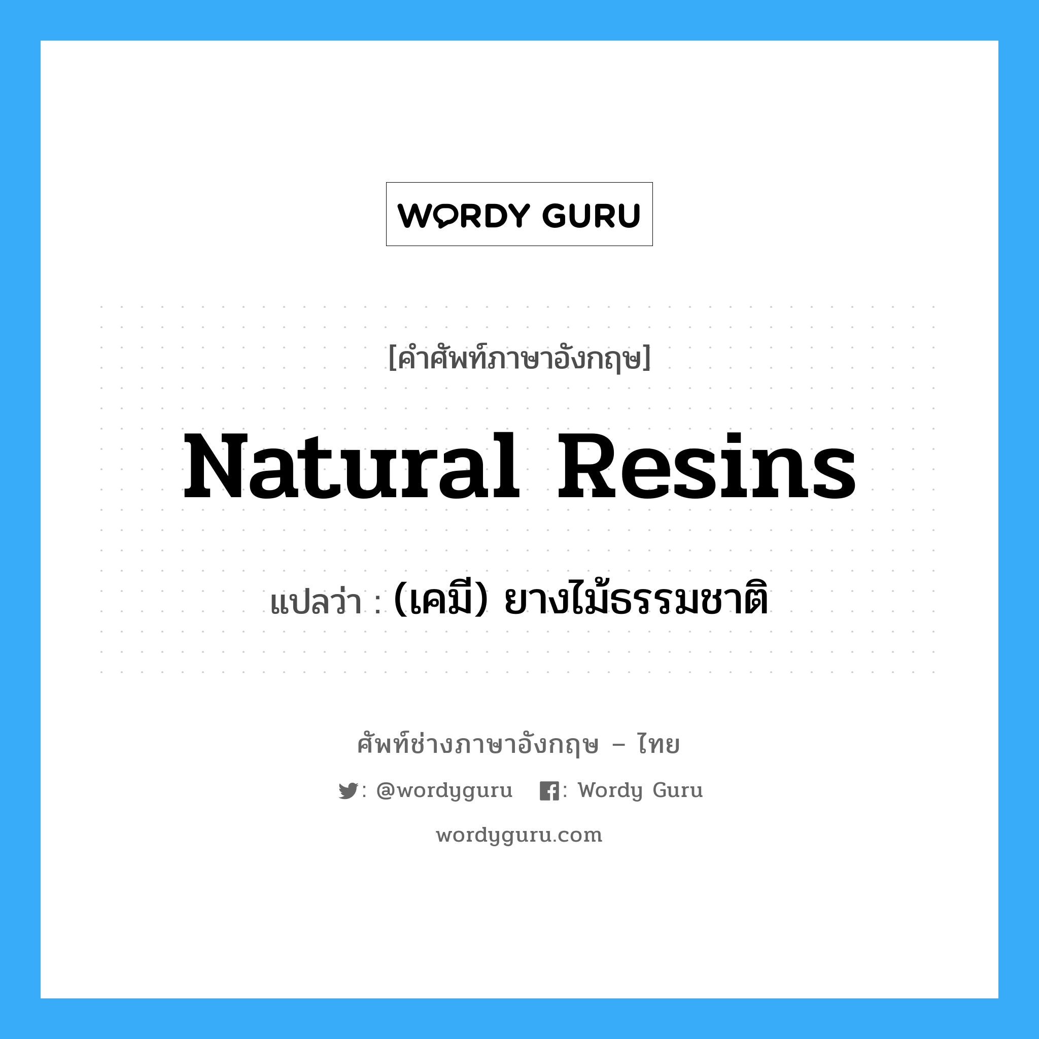 natural resins แปลว่า?, คำศัพท์ช่างภาษาอังกฤษ - ไทย natural resins คำศัพท์ภาษาอังกฤษ natural resins แปลว่า (เคมี) ยางไม้ธรรมชาติ