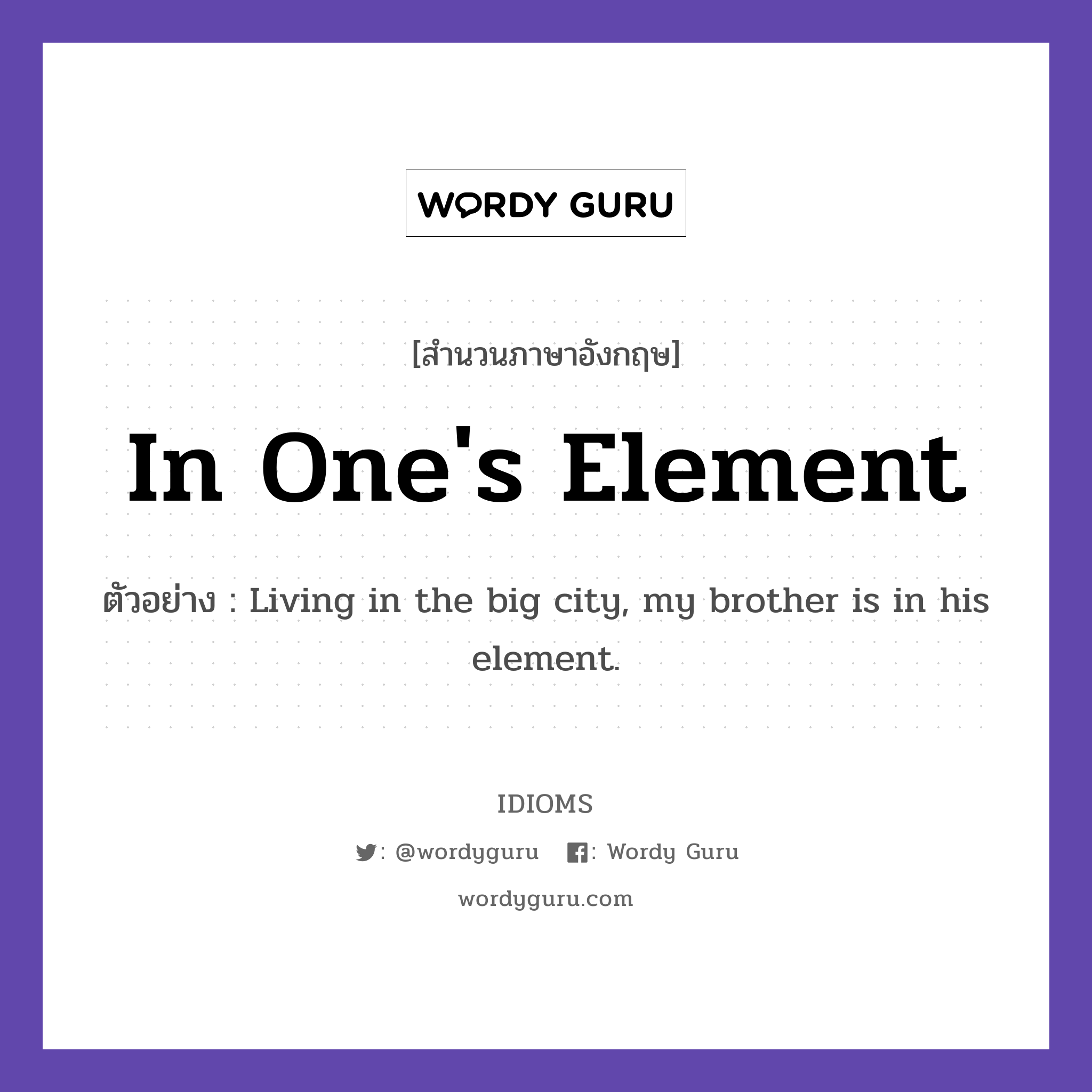 In One's Element แปลว่า?, สำนวนภาษาอังกฤษ In One's Element ตัวอย่าง Living in the big city, my brother is in his element.