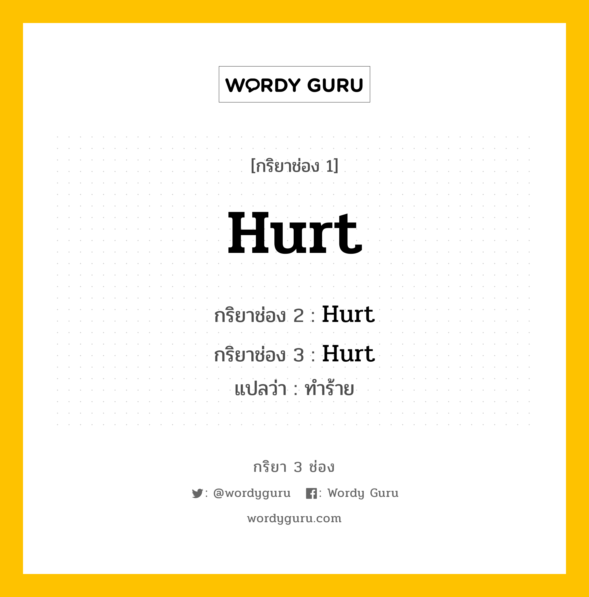 กริยา 3 ช่อง ของ Hurt คืออะไร?, กริยาช่อง 1 Hurt กริยาช่อง 2 Hurt กริยาช่อง 3 Hurt แปลว่า ทำร้าย หมวด Irregular Verb หมวด Irregular Verb