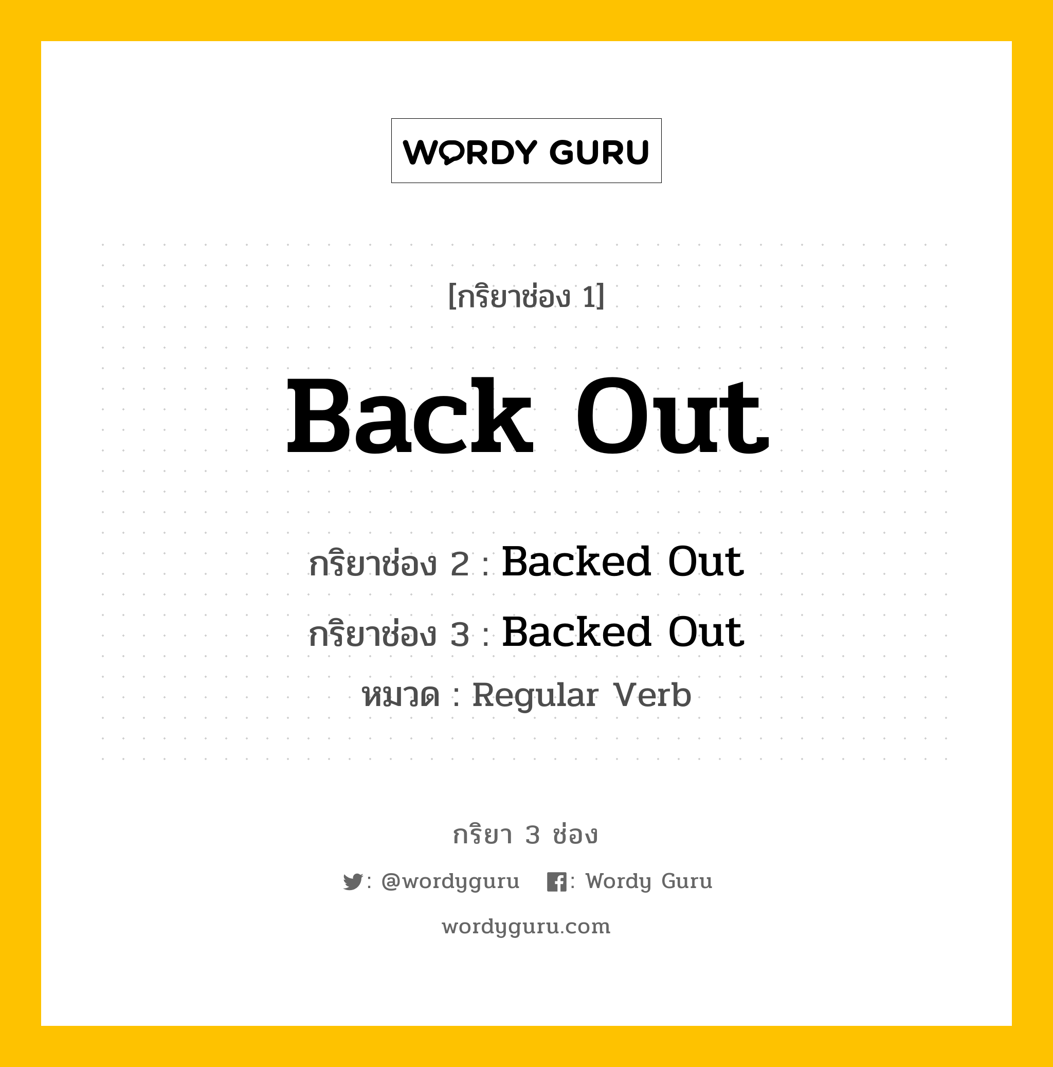 กริยา 3 ช่อง ของ Back Out คืออะไร?, กริยาช่อง 1 Back Out กริยาช่อง 2 Backed Out กริยาช่อง 3 Backed Out หมวด Regular Verb หมวด Regular Verb