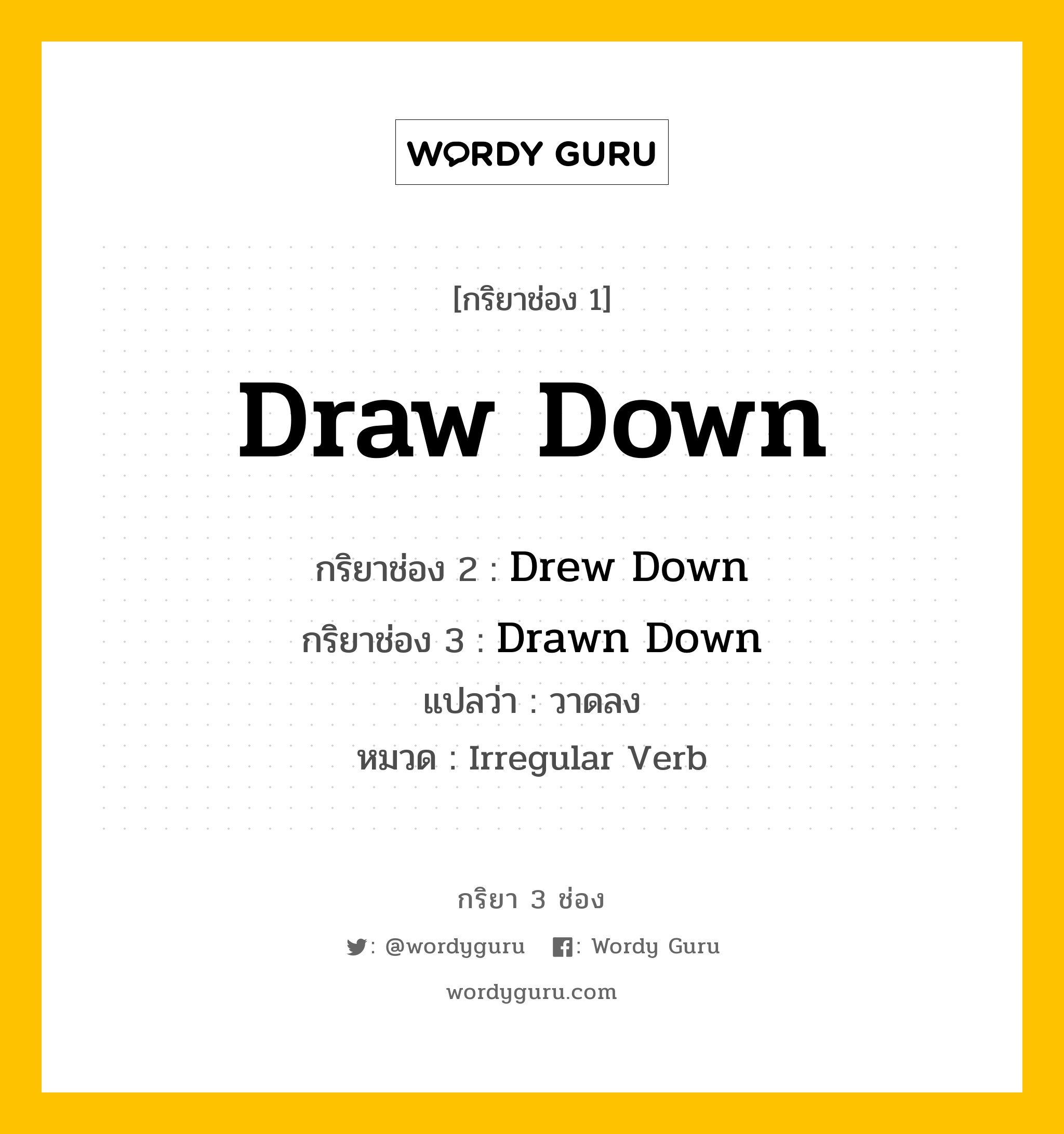 กริยา 3 ช่อง ของ Draw Down คืออะไร?, กริยาช่อง 1 Draw Down กริยาช่อง 2 Drew Down กริยาช่อง 3 Drawn Down แปลว่า วาดลง หมวด Irregular Verb หมวด Irregular Verb
