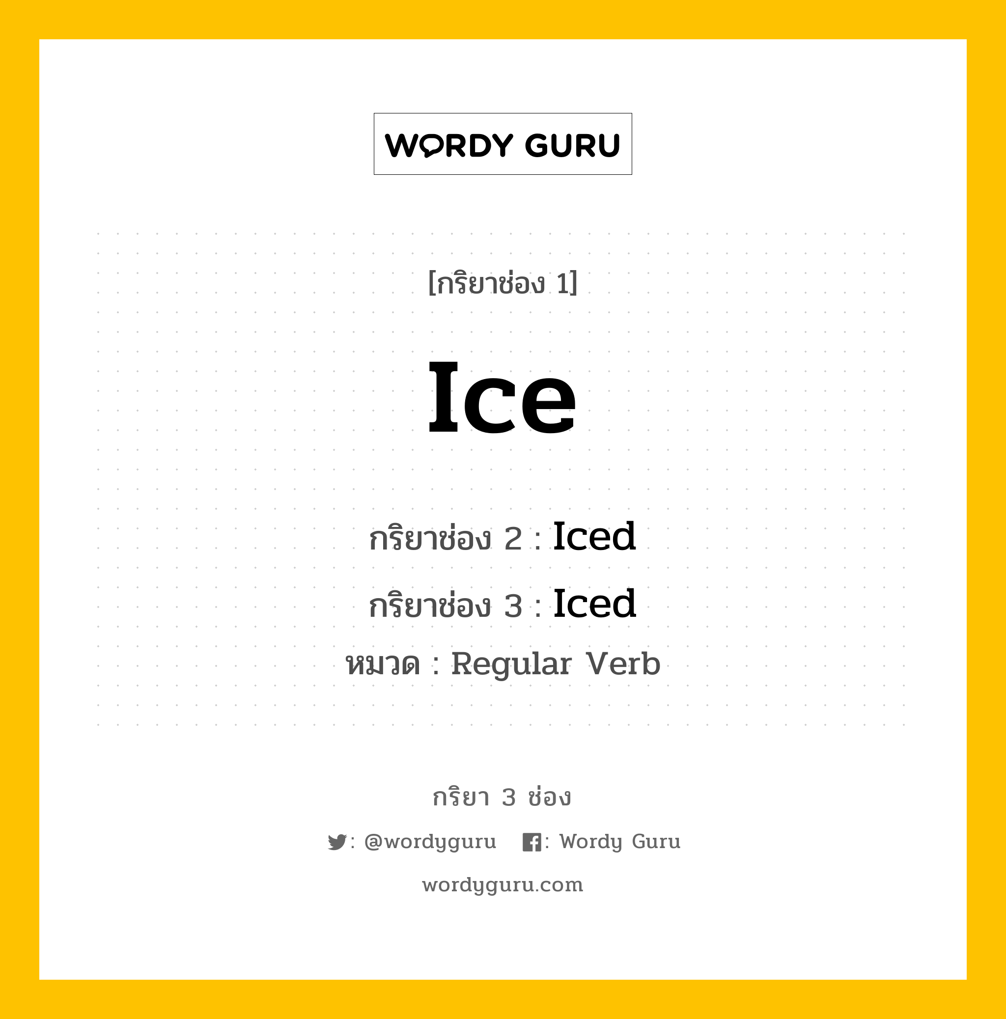 กริยา 3 ช่อง ของ Ice คืออะไร?, กริยาช่อง 1 Ice กริยาช่อง 2 Iced กริยาช่อง 3 Iced หมวด Regular Verb หมวด Regular Verb