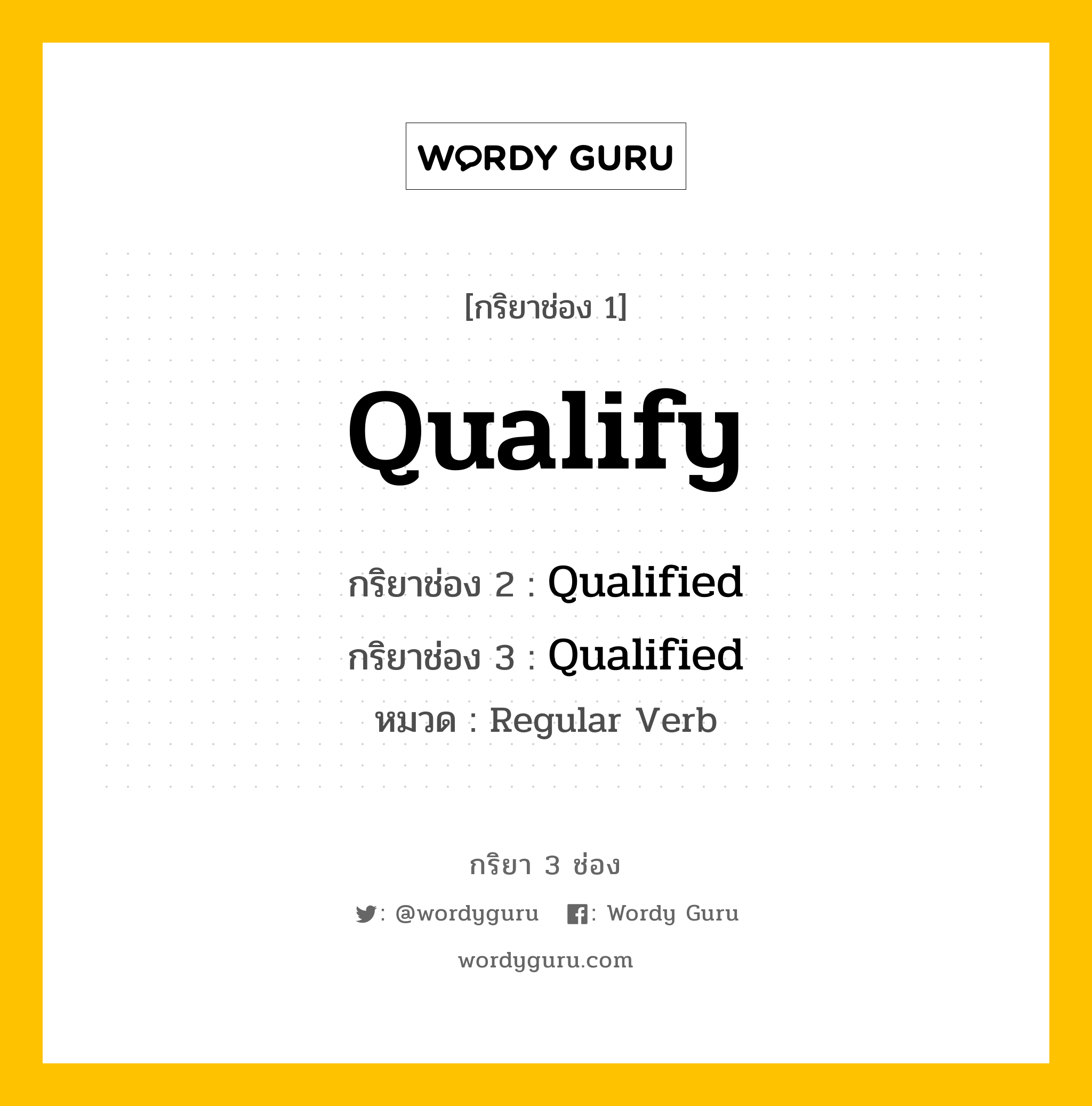 กริยา 3 ช่อง ของ Qualify คืออะไร?, กริยาช่อง 1 Qualify กริยาช่อง 2 Qualified กริยาช่อง 3 Qualified หมวด Regular Verb หมวด Regular Verb