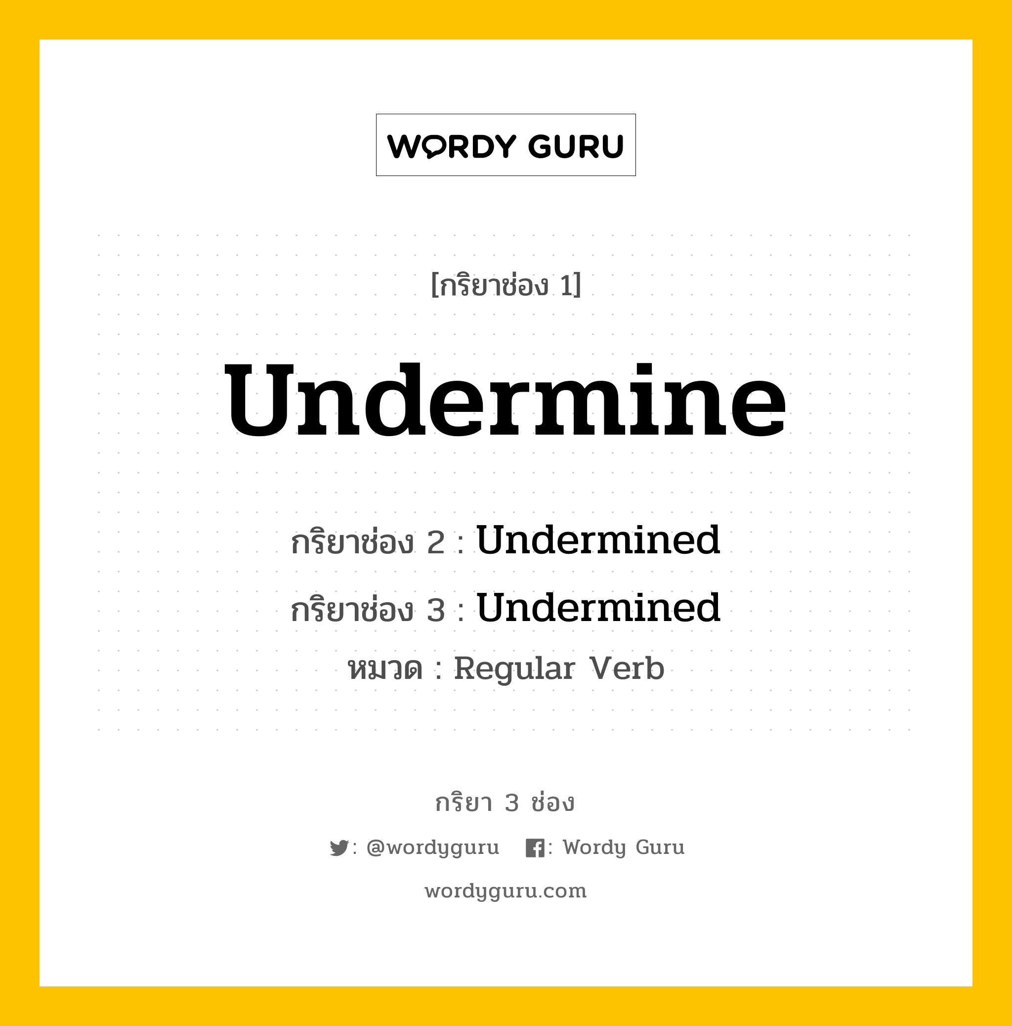 กริยา 3 ช่อง ของ Undermine คืออะไร?, กริยาช่อง 1 Undermine กริยาช่อง 2 Undermined กริยาช่อง 3 Undermined หมวด Regular Verb หมวด Regular Verb
