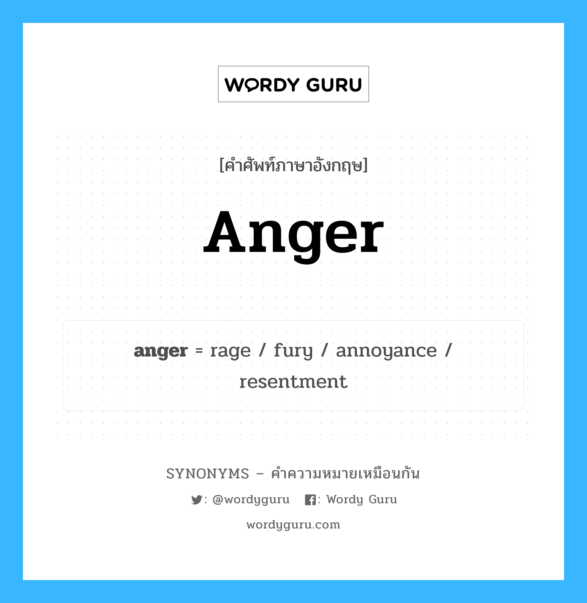 resentment เป็นหนึ่งใน anger และมีคำอื่น ๆ อีกดังนี้, คำศัพท์ภาษาอังกฤษ resentment ความหมายคล้ายกันกับ anger แปลว่า ความไม่พอใจ หมวด anger