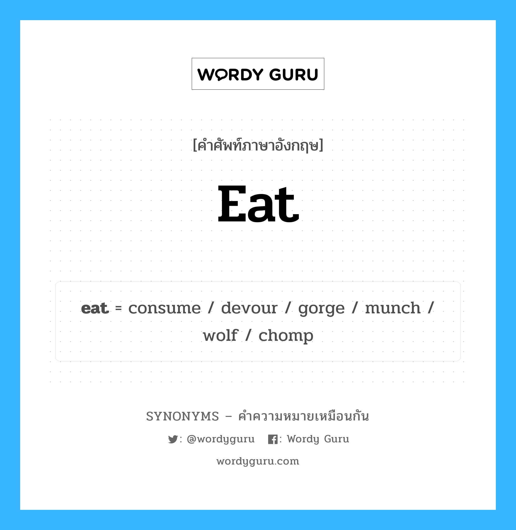 wolf เป็นหนึ่งใน eat และมีคำอื่น ๆ อีกดังนี้, คำศัพท์ภาษาอังกฤษ wolf ความหมายคล้ายกันกับ eat แปลว่า หมาป่า หมวด eat