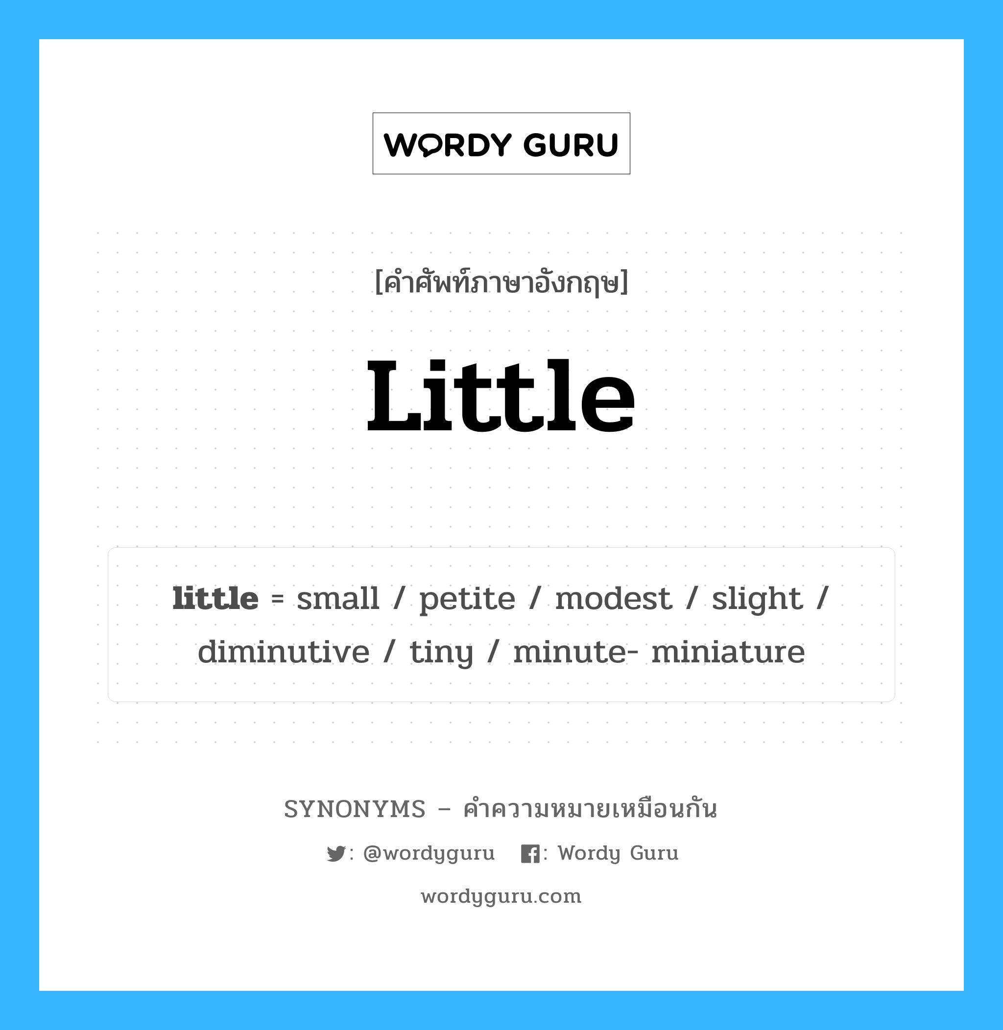 minute- miniature เป็นหนึ่งใน little และมีคำอื่น ๆ อีกดังนี้, คำศัพท์ภาษาอังกฤษ minute- miniature ความหมายคล้ายกันกับ little แปลว่า นาทีขนาดเล็ก หมวด little